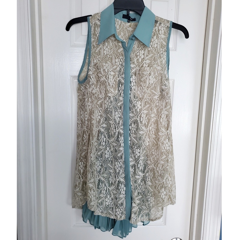 Ryu Sleeveless Lace Pleated Back Blouse Teal Cream Floral Romantic Small